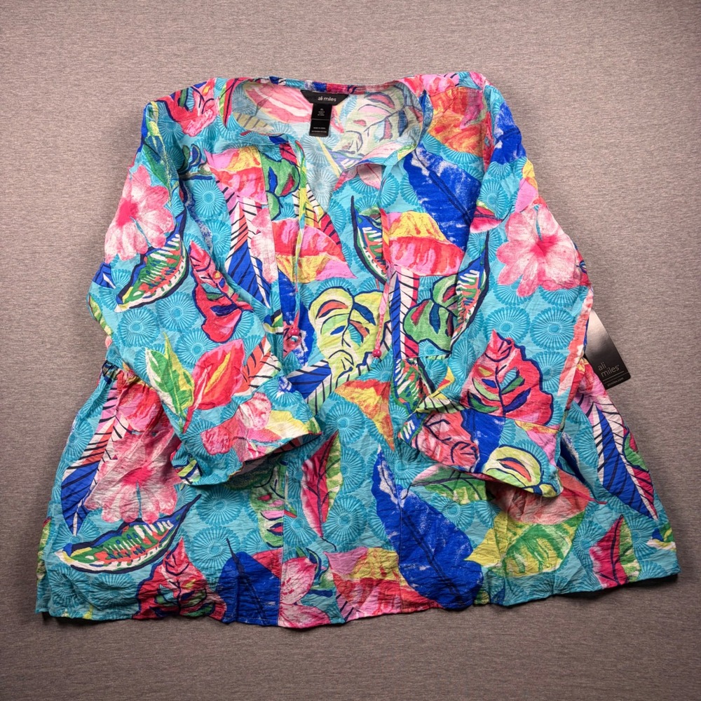 Ali Miles Blouse XL Tropical Floral Peplum Top Boho Summer
